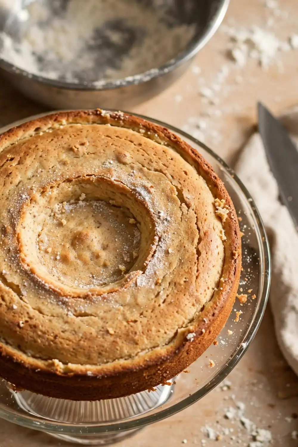 Round cake with a sunken dip in the middle on a cake stand