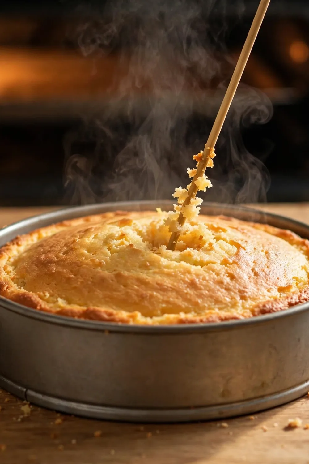 Wooden skewer testing the center of a golden cake in a pan