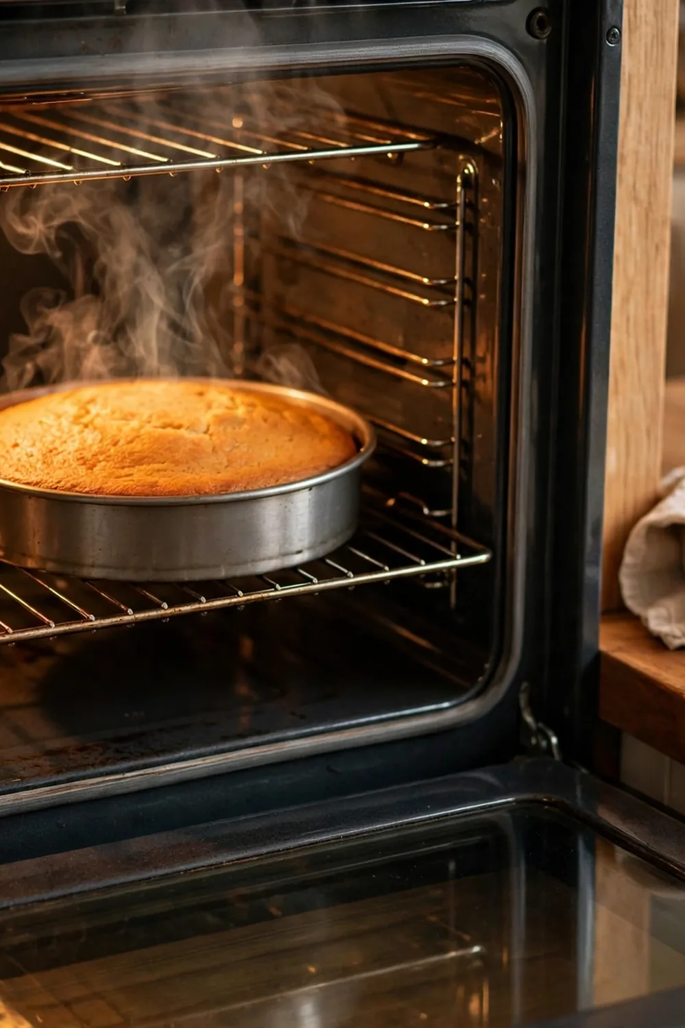Oven thermometer hanging from a rack beside a golden cake