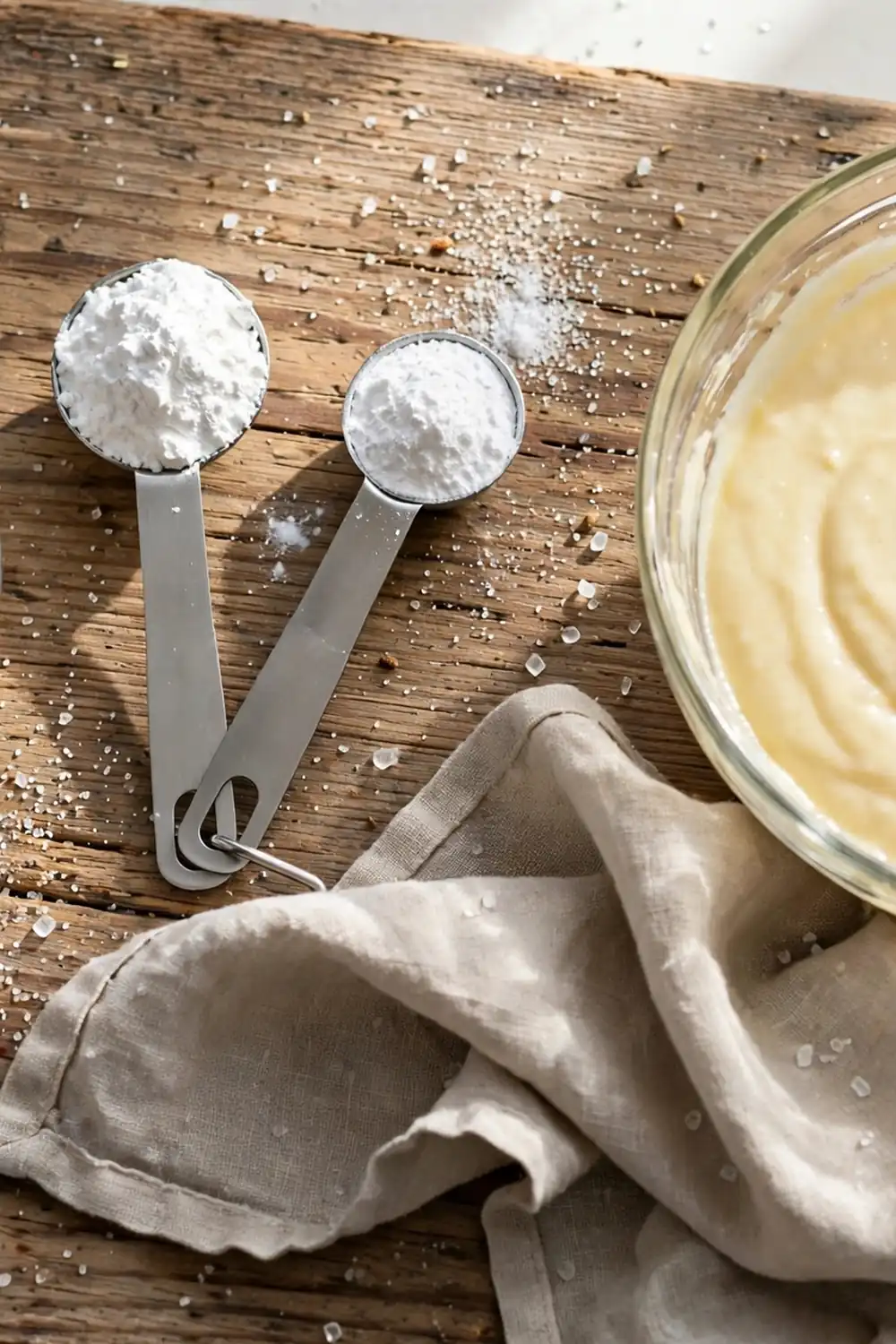 Bowls of sugar with baking powder and soda beside cake batter