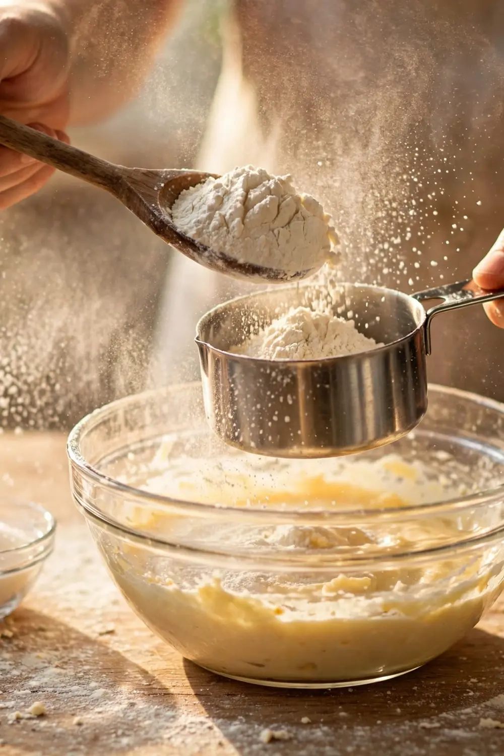 Hands spooning flour into a measuring cup over cake batter