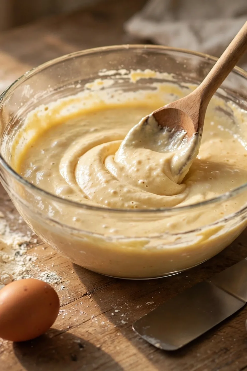 Wooden spoon folding light cake batter in a glass bowl
