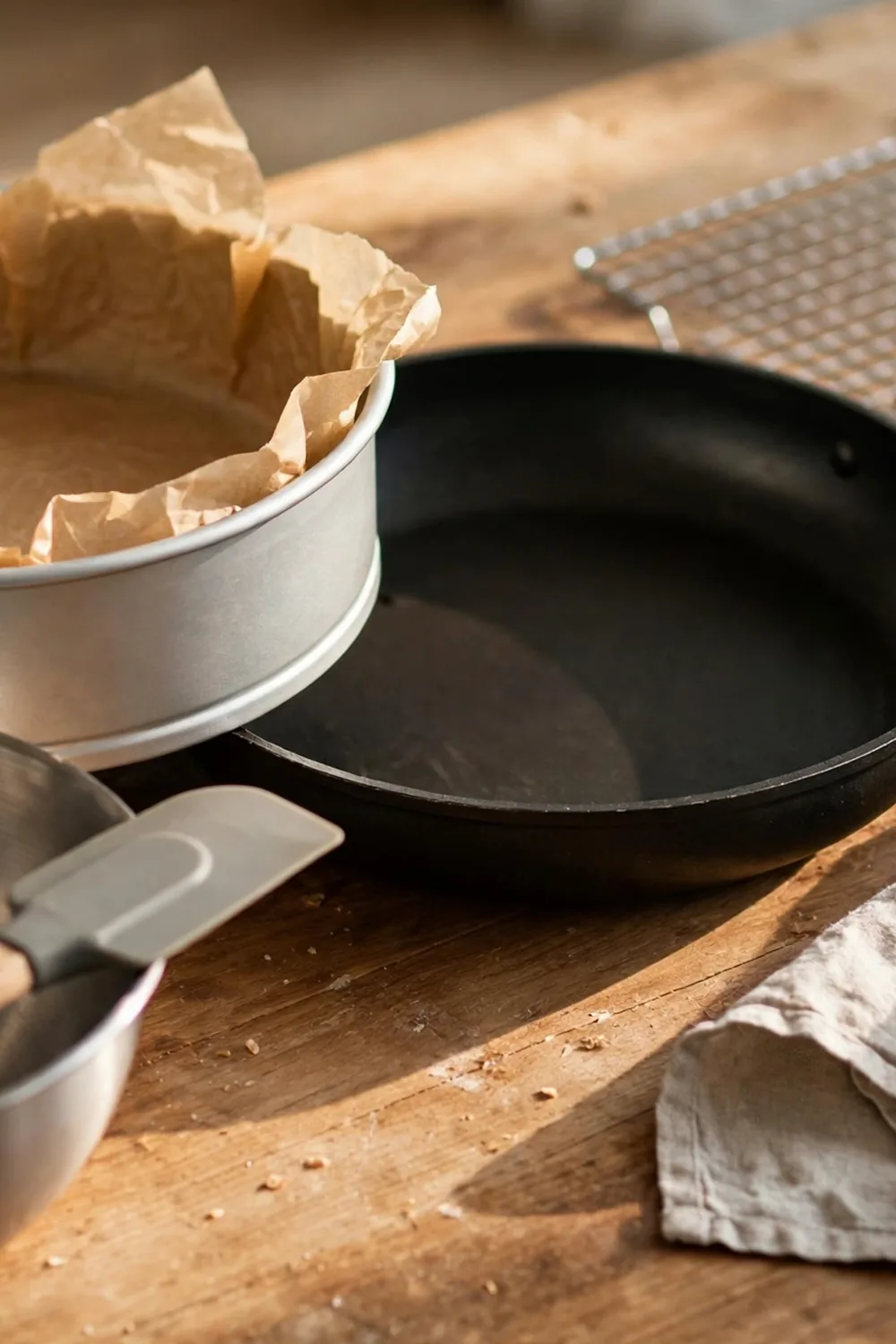 Light metal cake pan lined with parchment beside a dark pan