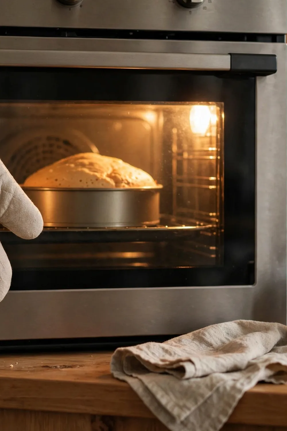 Closed oven door with a cake rising inside