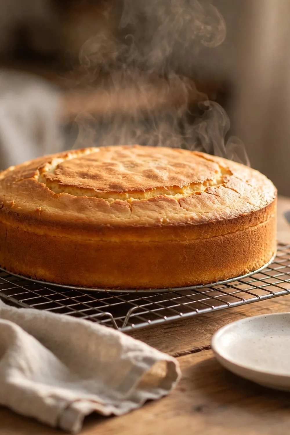 Round cake cooling on a wire rack with a spatula beside it