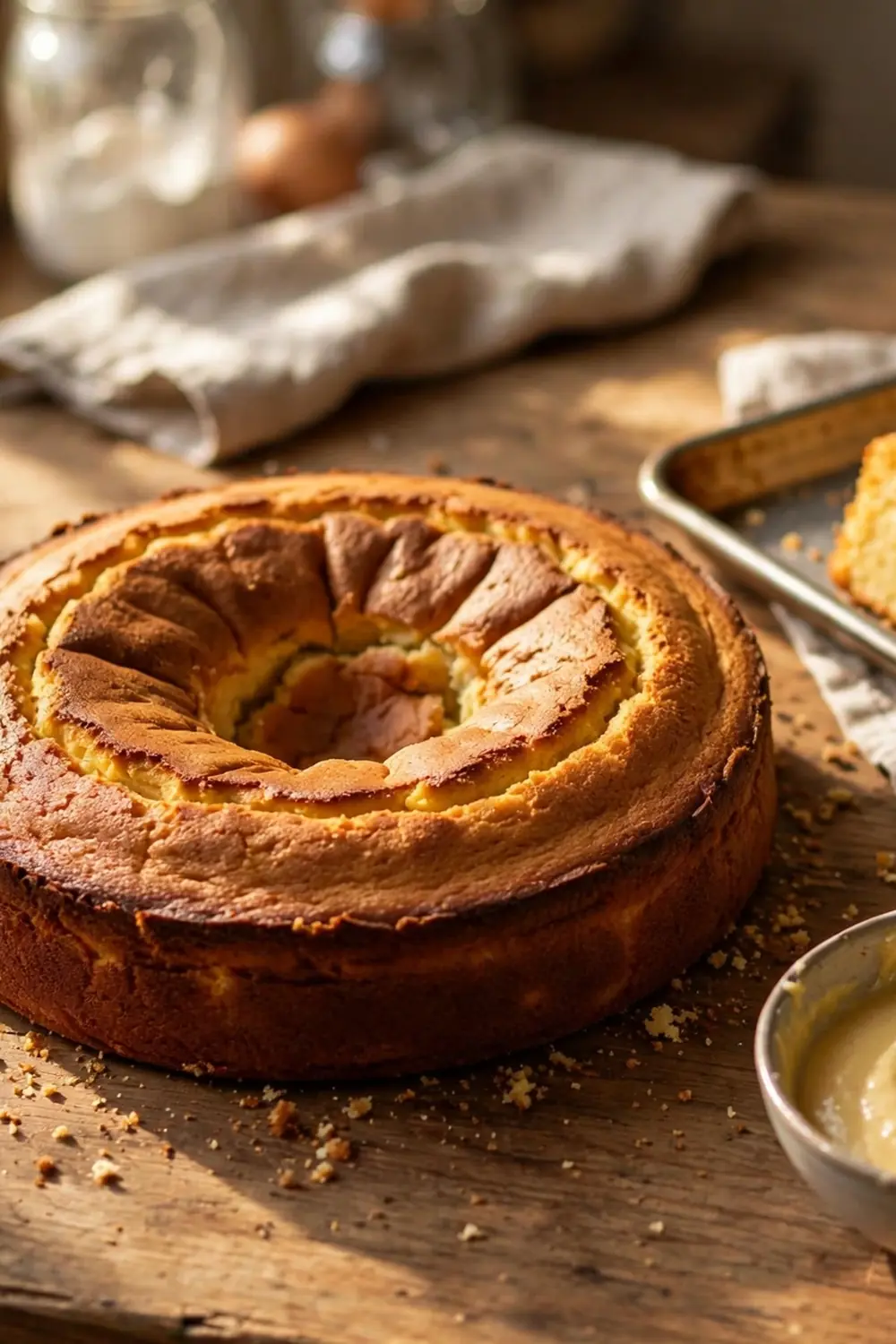 Round cake with a sunken middle beside level golden slices