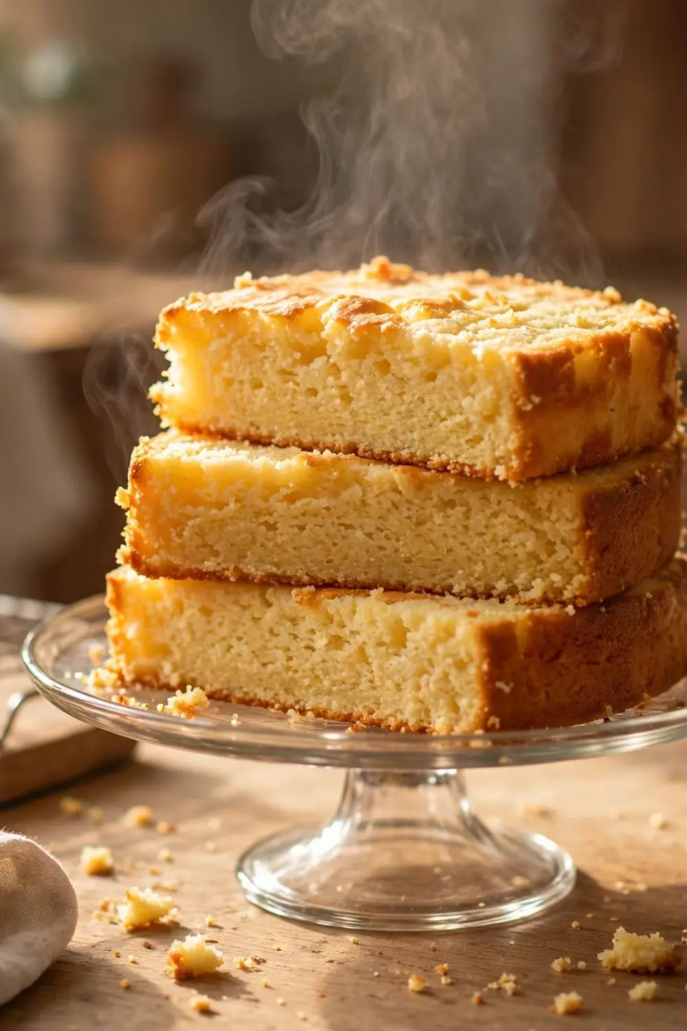 Fresh golden cake slices stacked on a cake stand