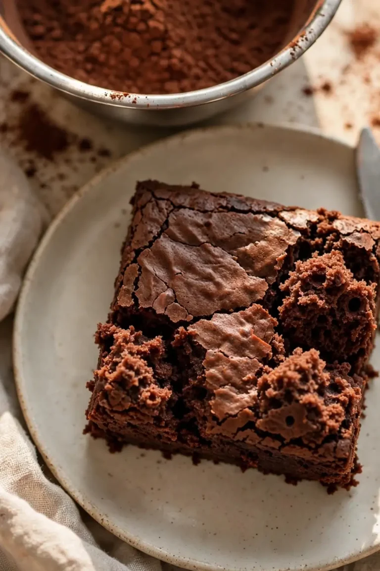 Square of cakey brownie with a light, fluffy crumb on a plate