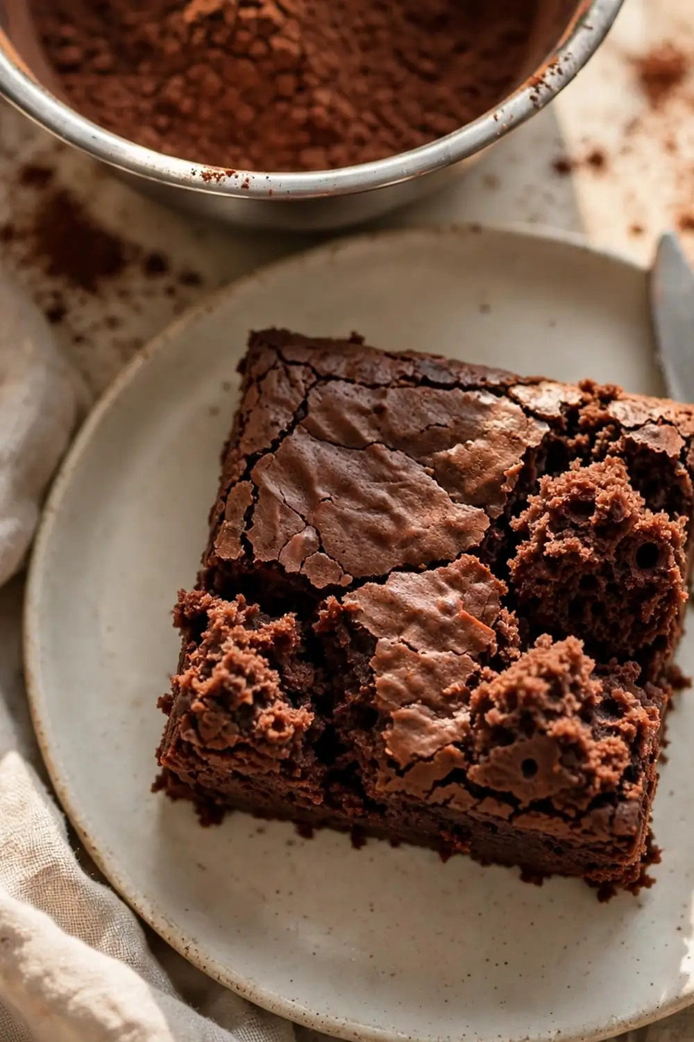 Square of cakey brownie with a light, fluffy crumb on a plate