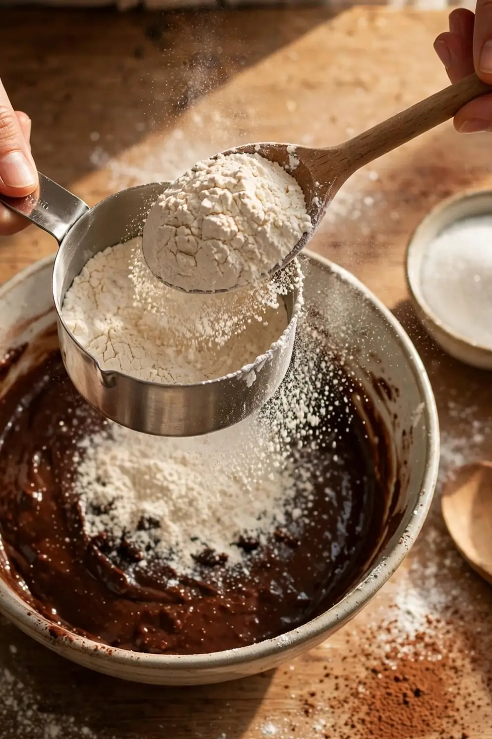 Hands spooning flour into a measuring cup over brownie batter