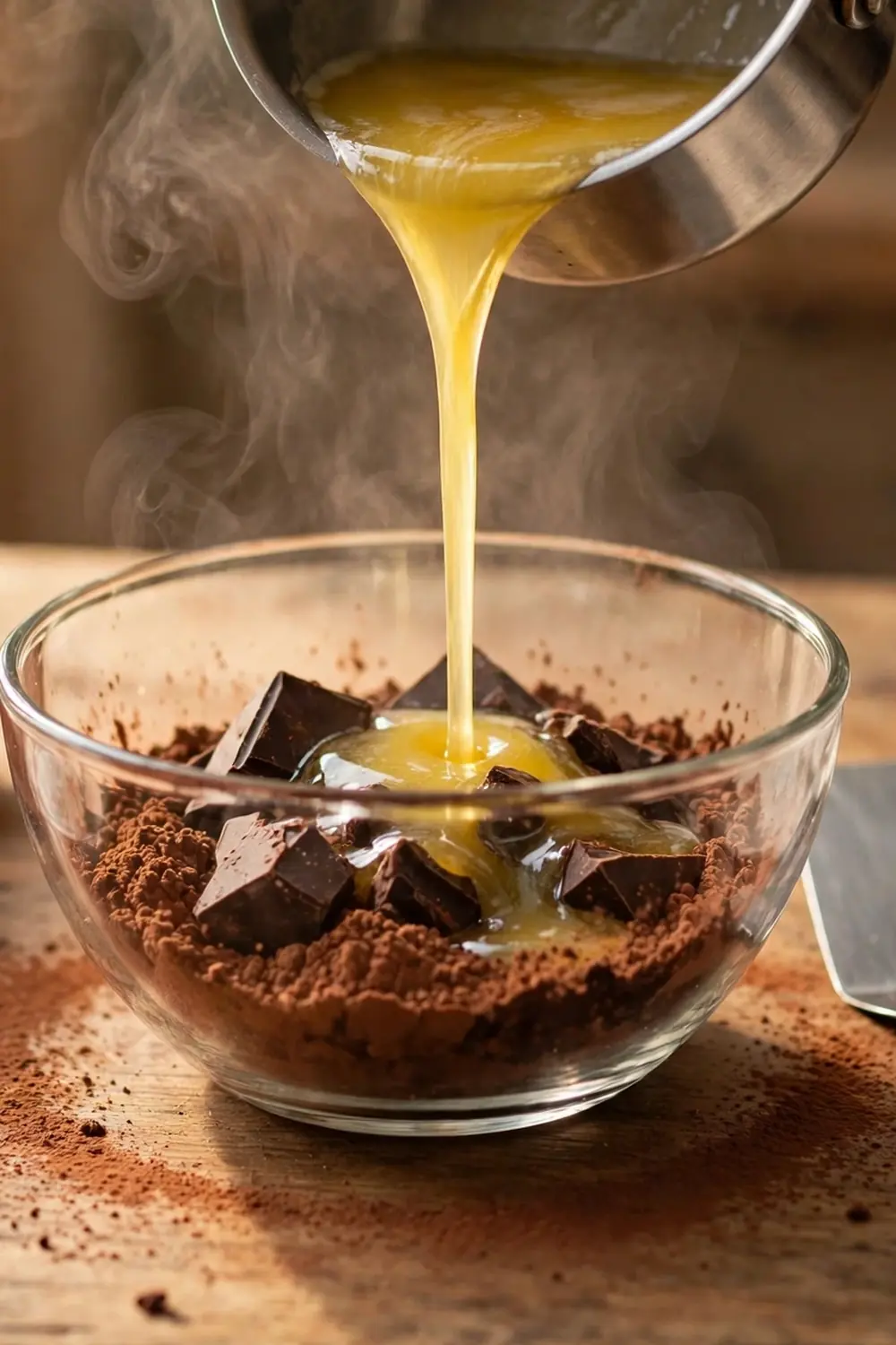Melted butter being poured into dark chocolate and cocoa powder