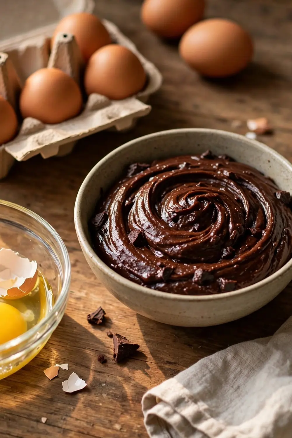 Cracked eggs in a glass bowl beside brownie batter