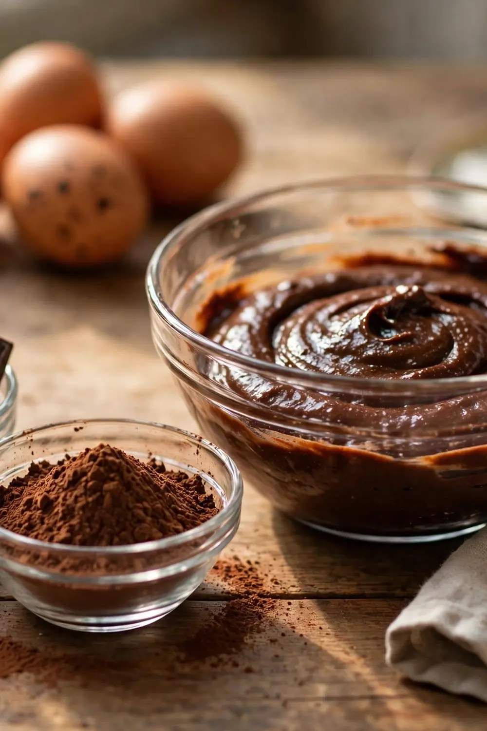 Dark chocolate chunks and cocoa powder beside brownie batter
