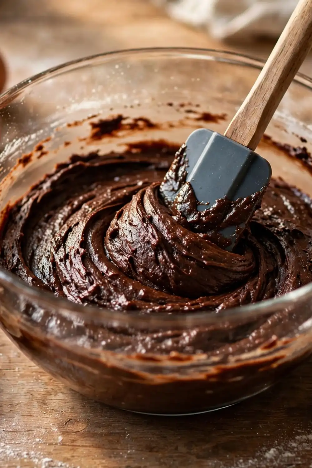 Spatula folding thick dark brownie batter in a glass bowl