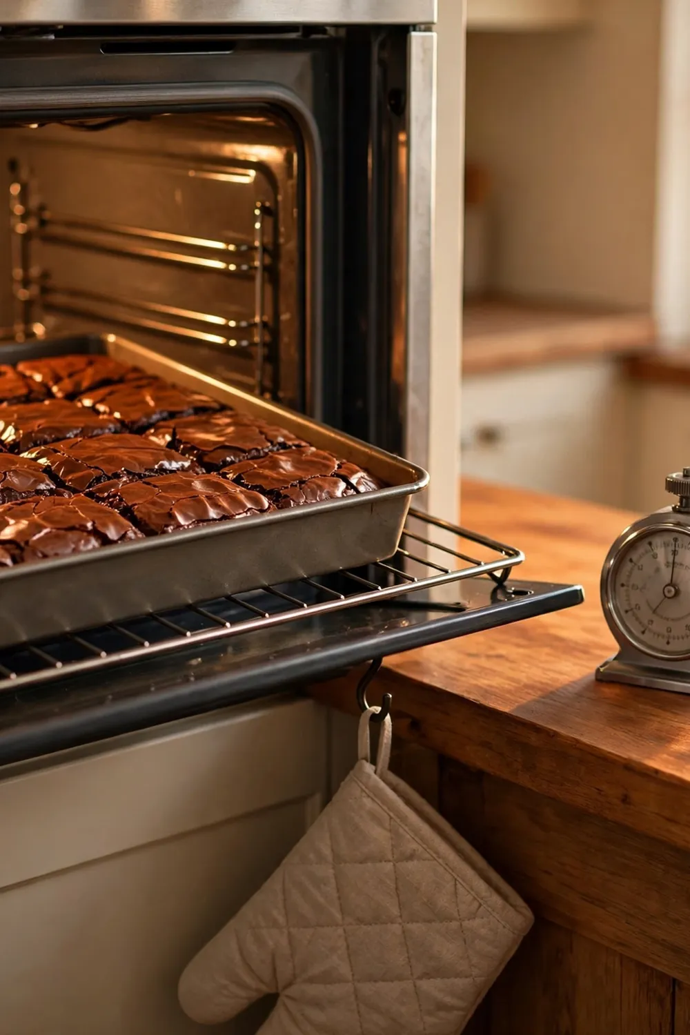 Square pan of glossy brownies baking in an oven