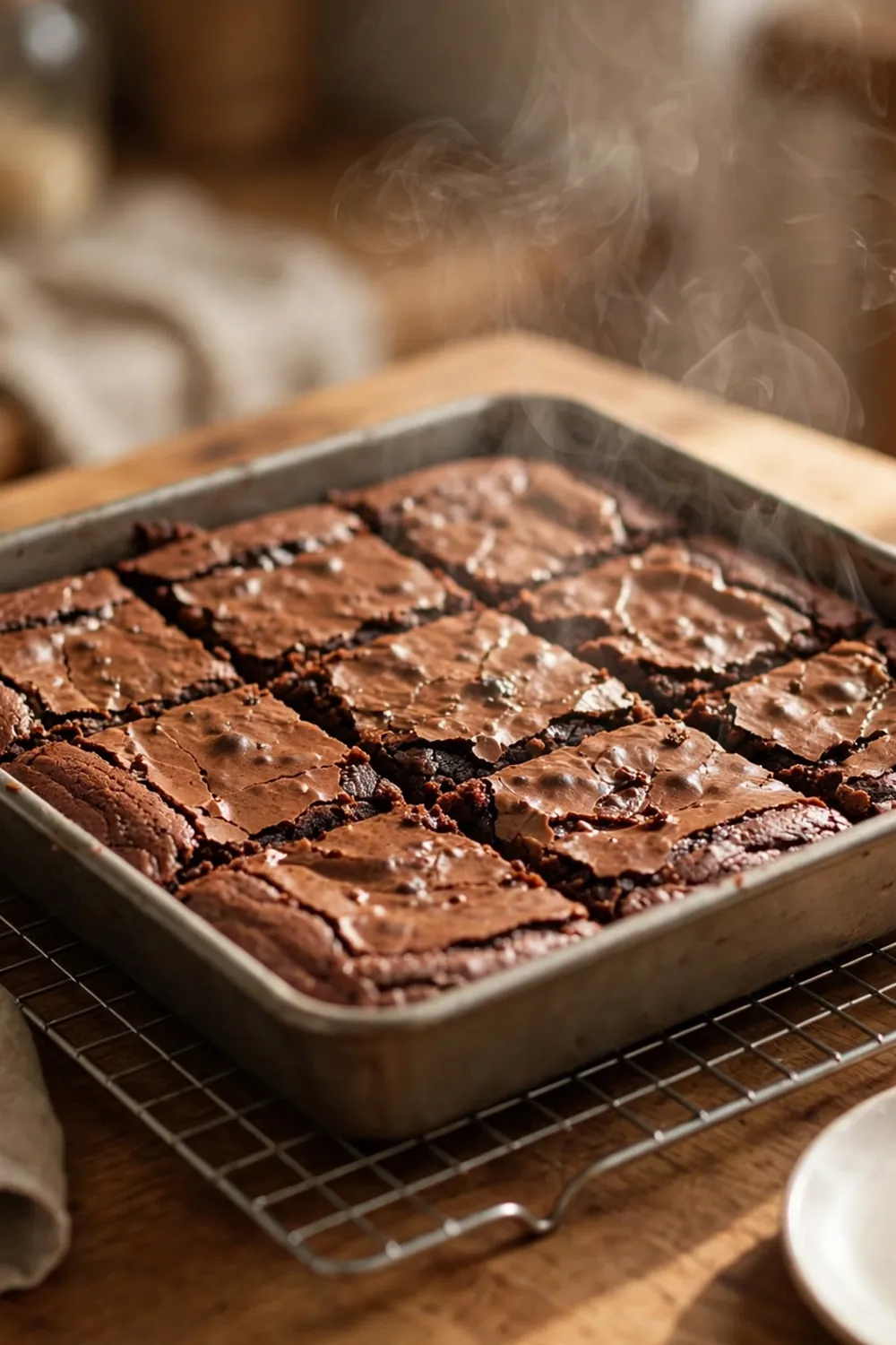 Square pan of brownies cooling on a wire rack