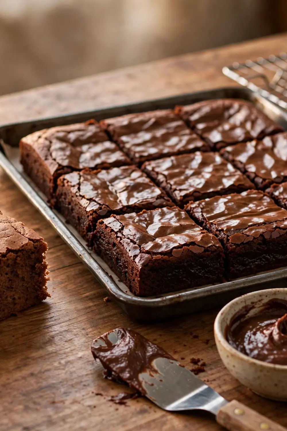 Cakey brownie square beside dense fudgy brownie squares
