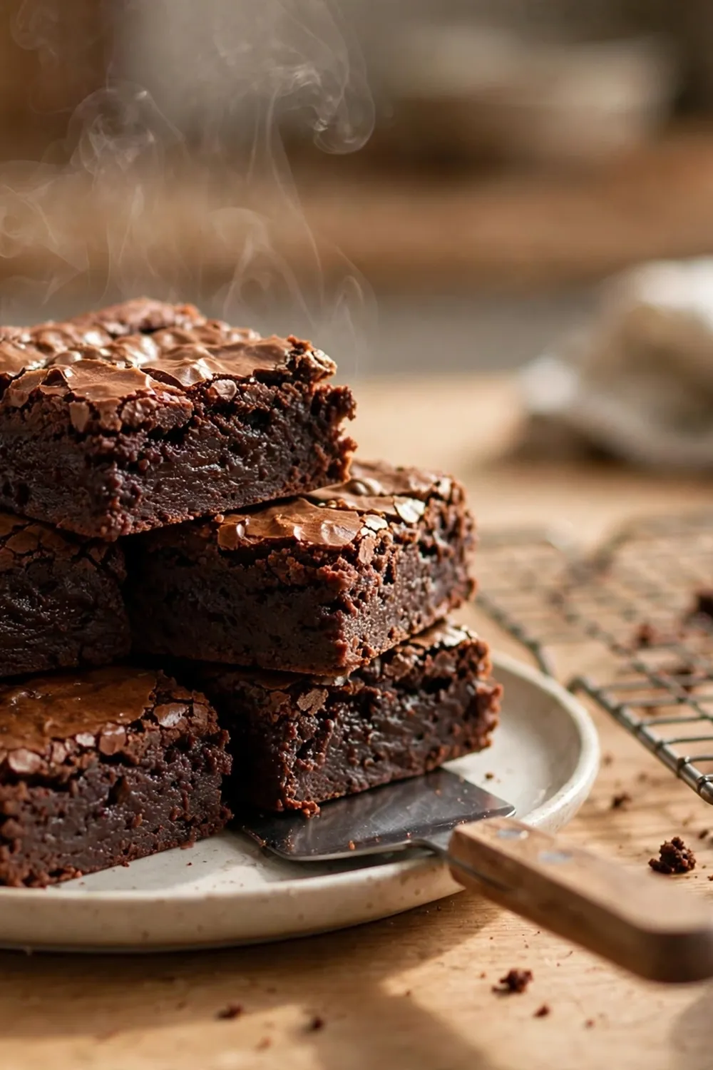 Dense fudgy brownie squares stacked on a plate