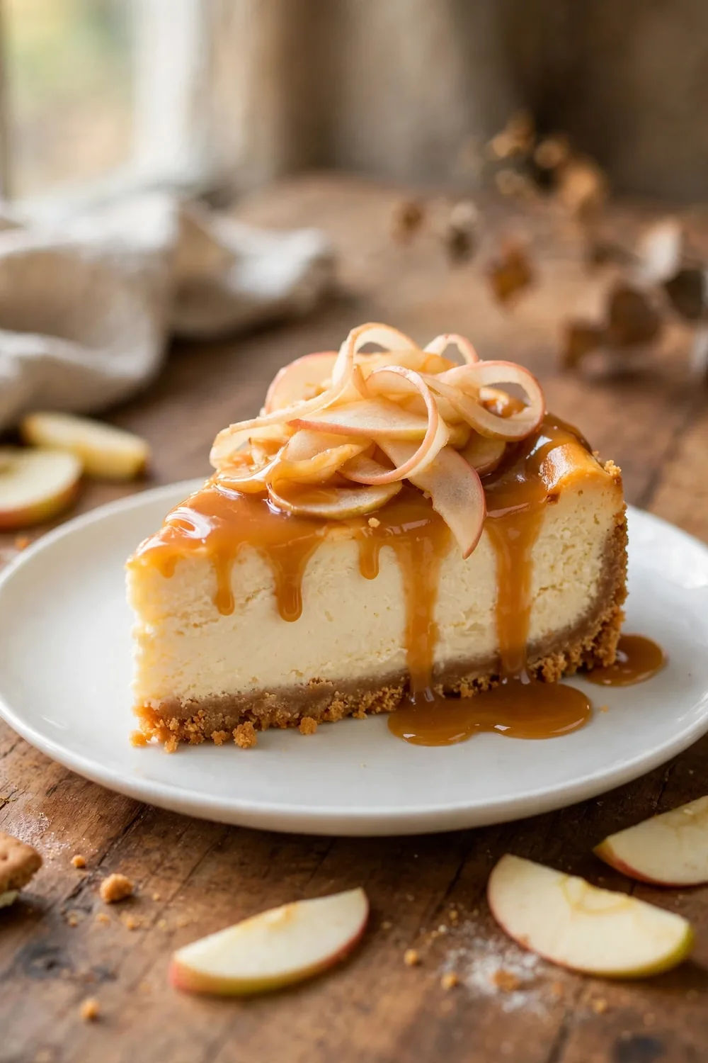 Slice of apple cheesecake with caramel drizzle on a white plate