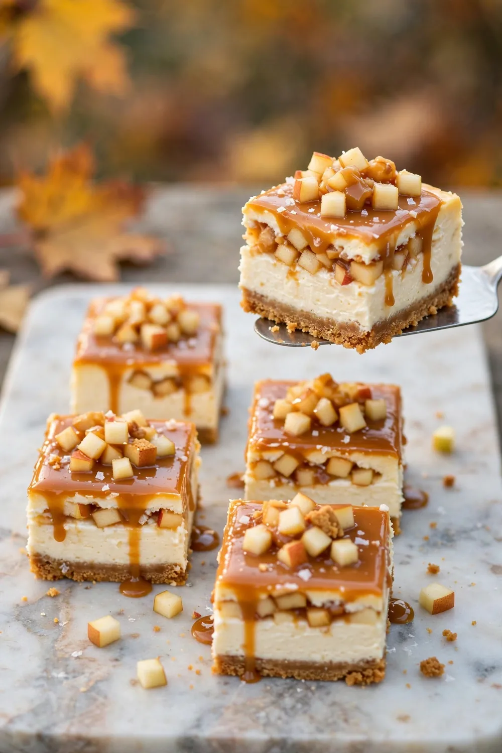 No-bake apple cheesecake squares with caramel topping