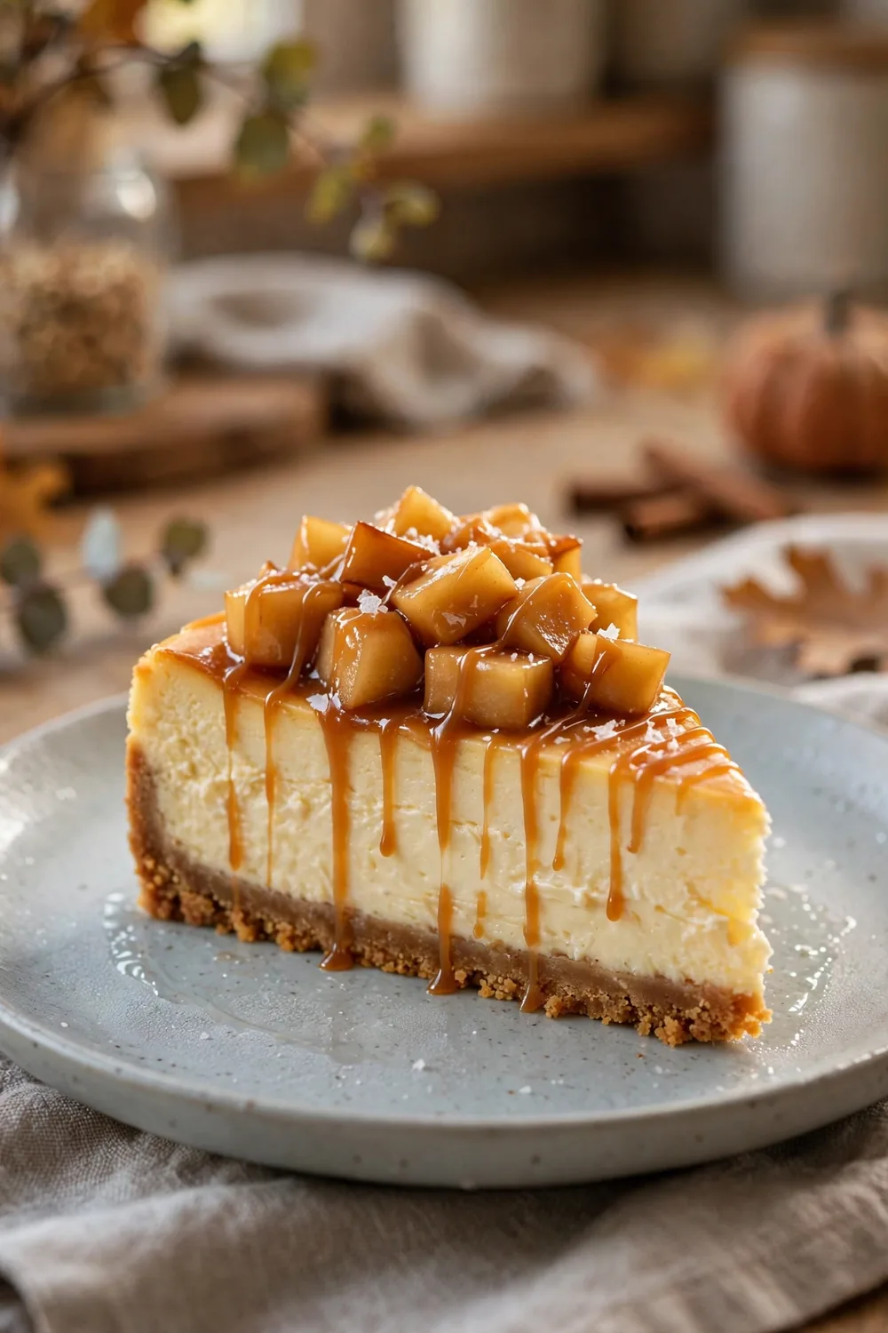 Cheesecake slice with salted caramel drizzle and flaky salt