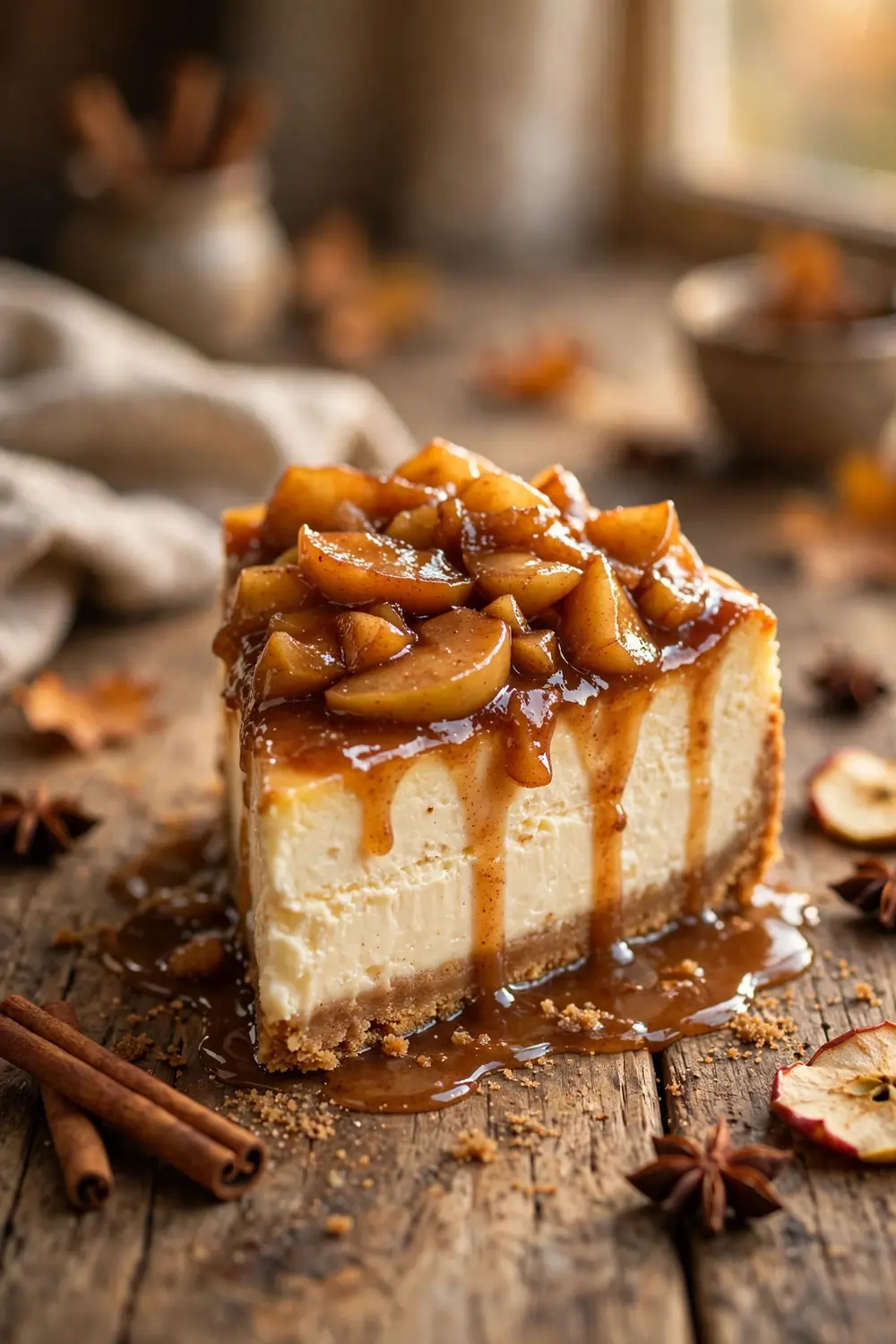 Apple cheesecake slice with spiced apple topping