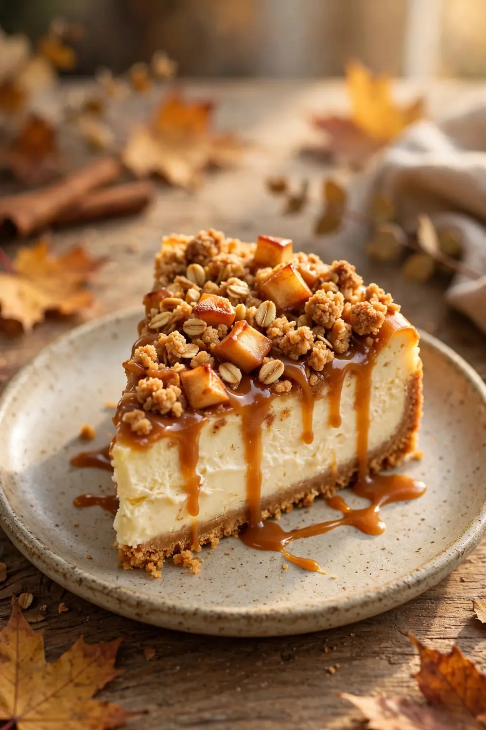 Apple cheesecake with crumble topping and caramel