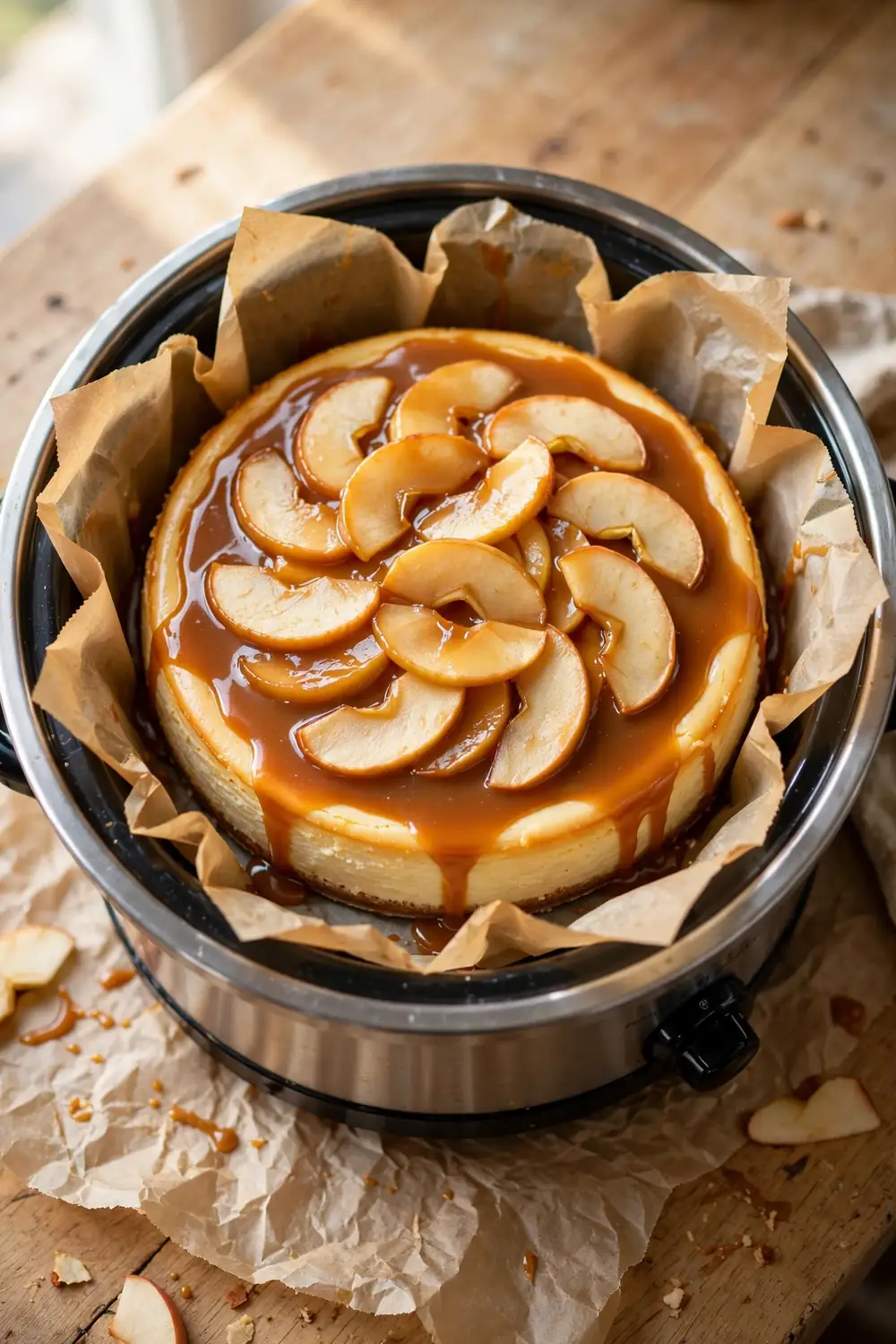 Slow cooker apple cheesecake with caramel topping