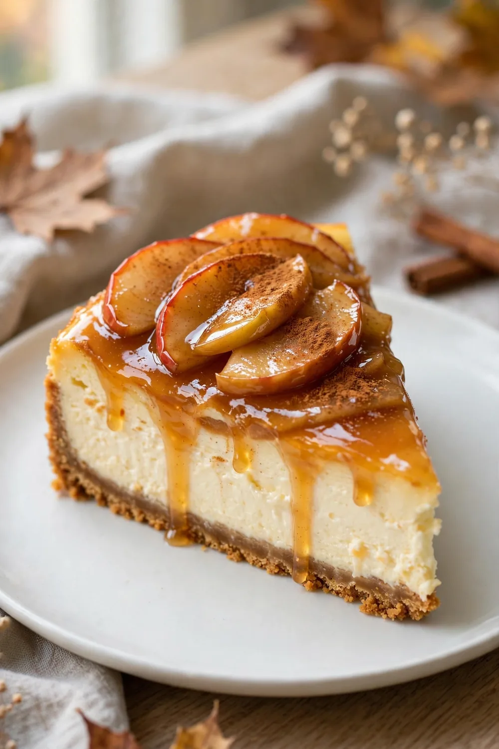Apple cheesecake slice with apple cider glaze