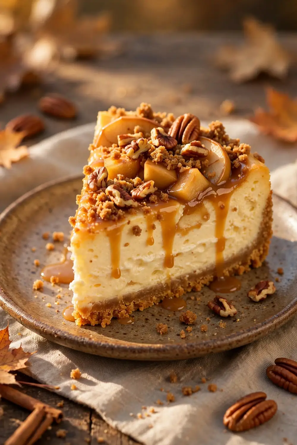 Apple cheesecake with toasted pecan crunch topping