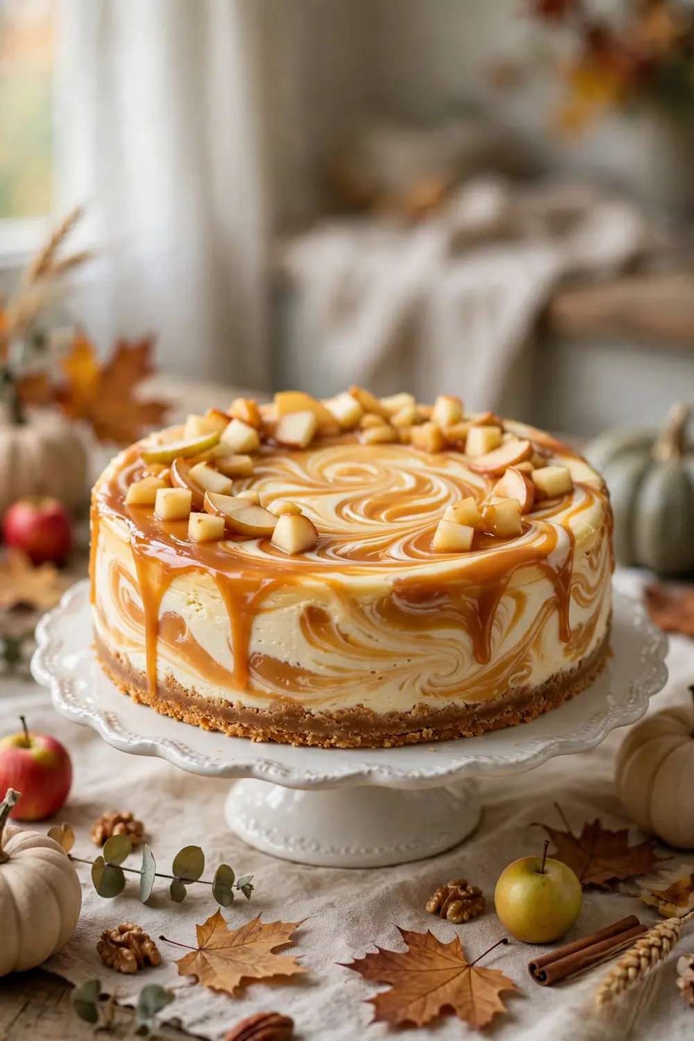 Apple cheesecake with caramel swirl on top