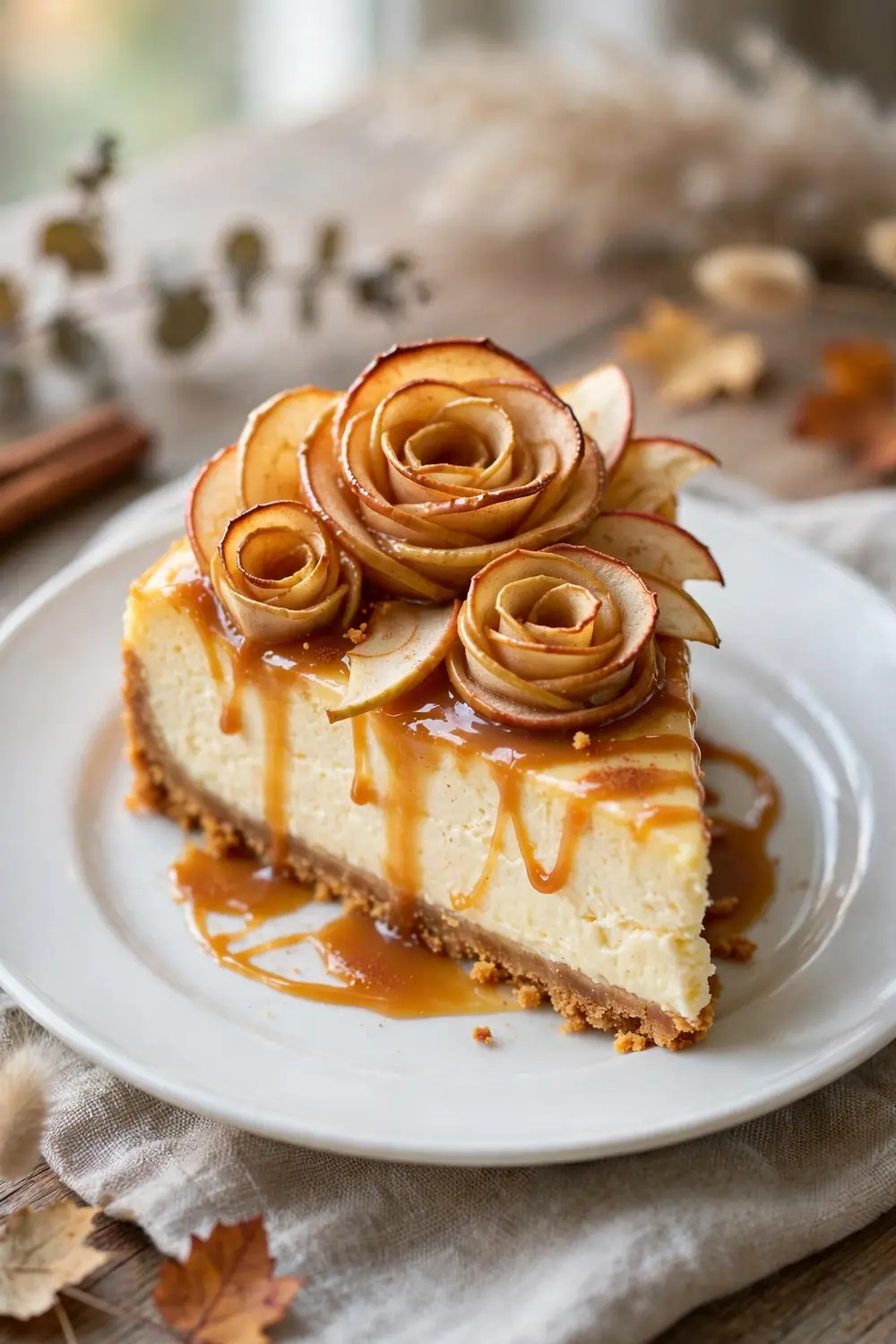 Apple cheesecake topped with baked apple roses