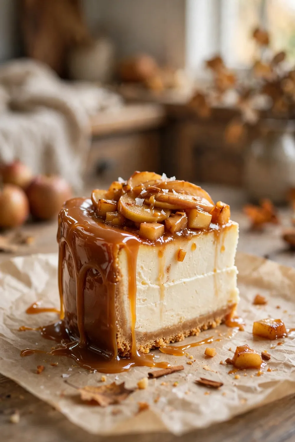 Apple cheesecake slices dipped in caramel
