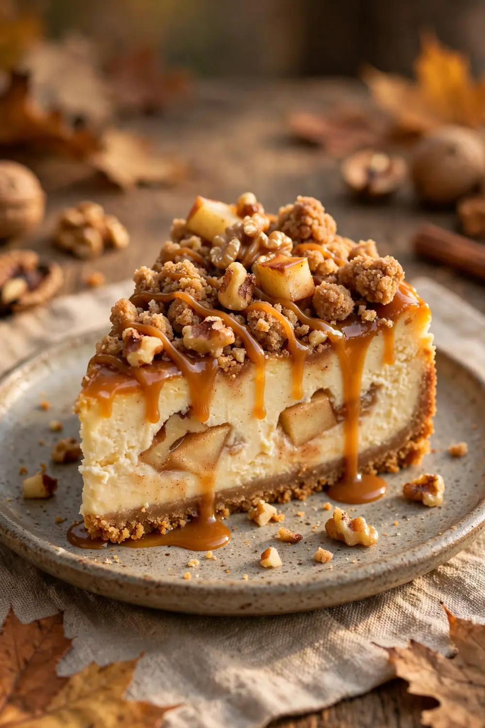 Apple cheesecake with walnut streusel topping