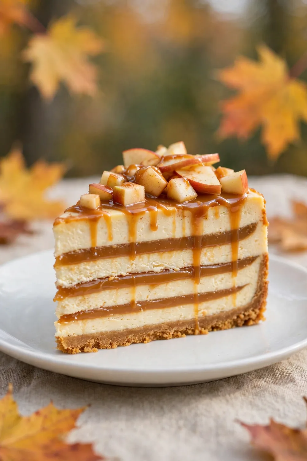 Layered apple cheesecake with maple caramel