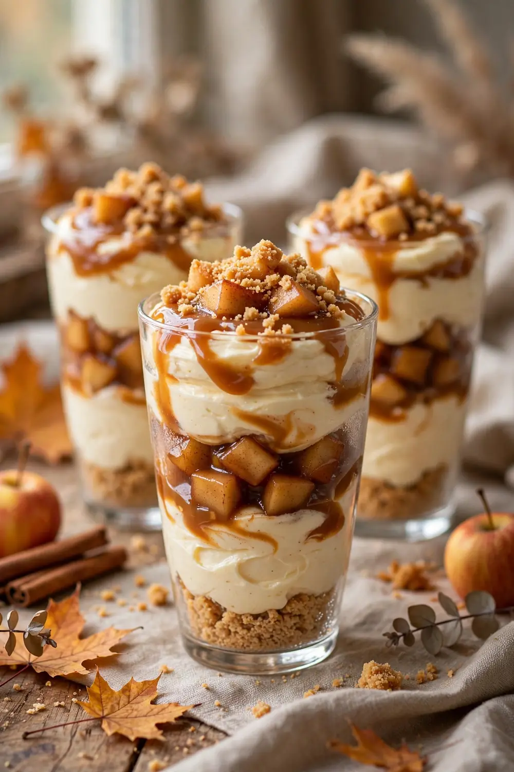 Caramel apple parfaits in clear glasses