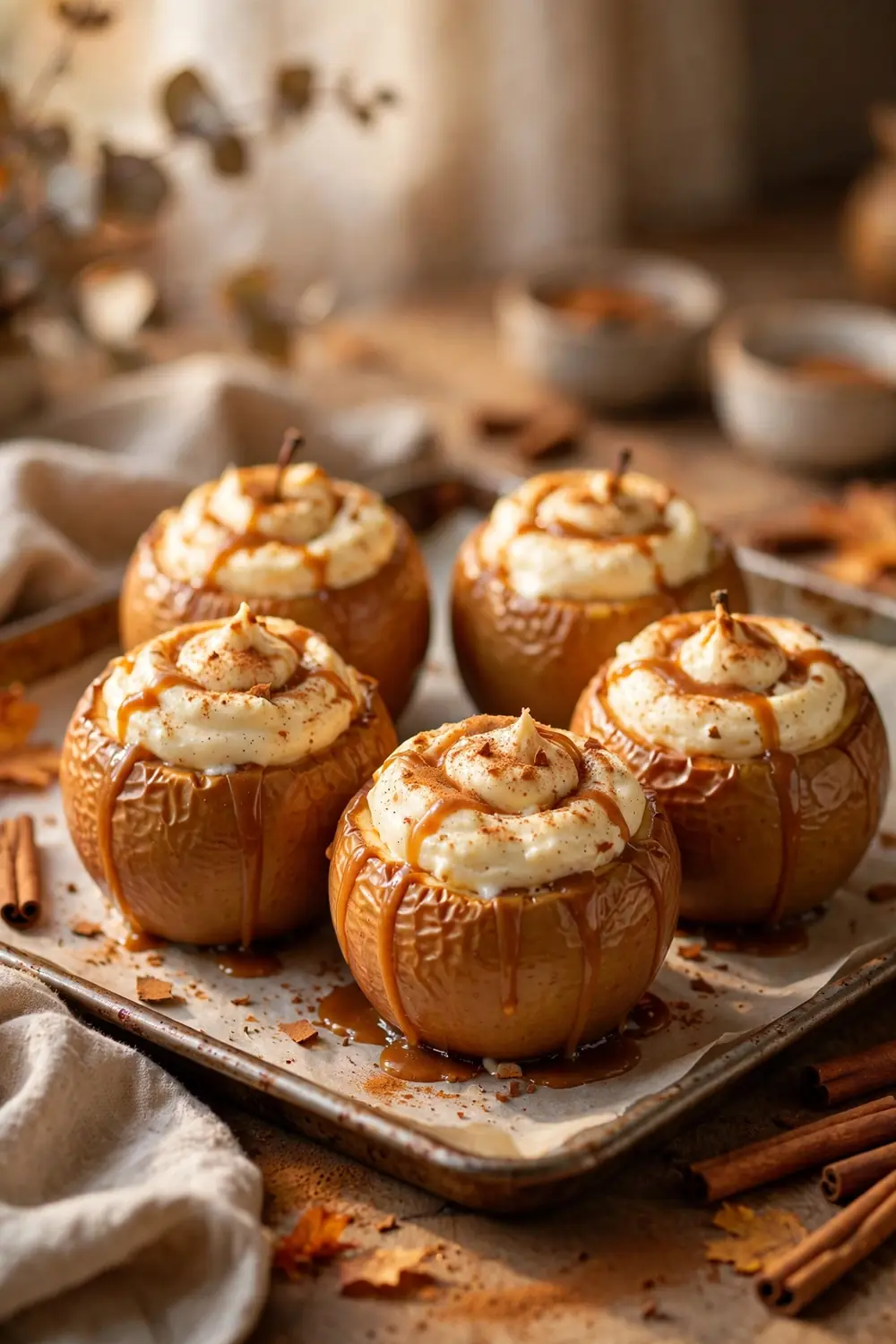 Cheesecake stuffed apples with caramel drizzle