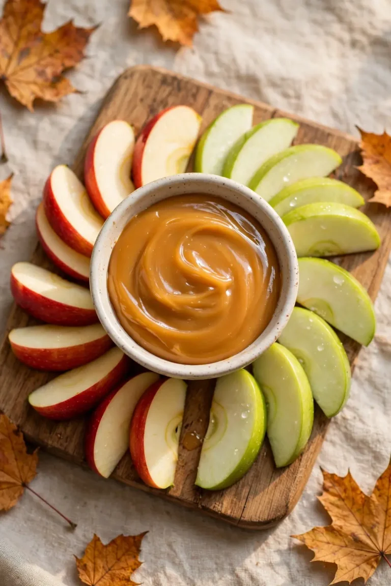 Classic caramel dip station with apple slices on a wooden board
