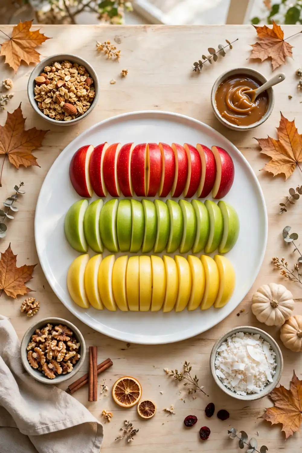 Sliced apple topping bar with red green and yellow apple slices