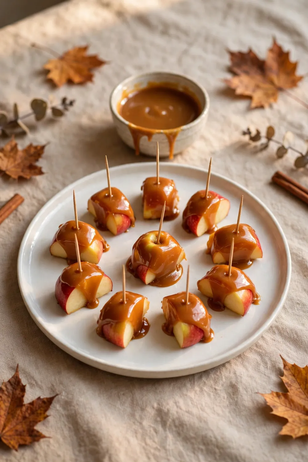 Mini caramel apple bites on toothpicks with caramel dip