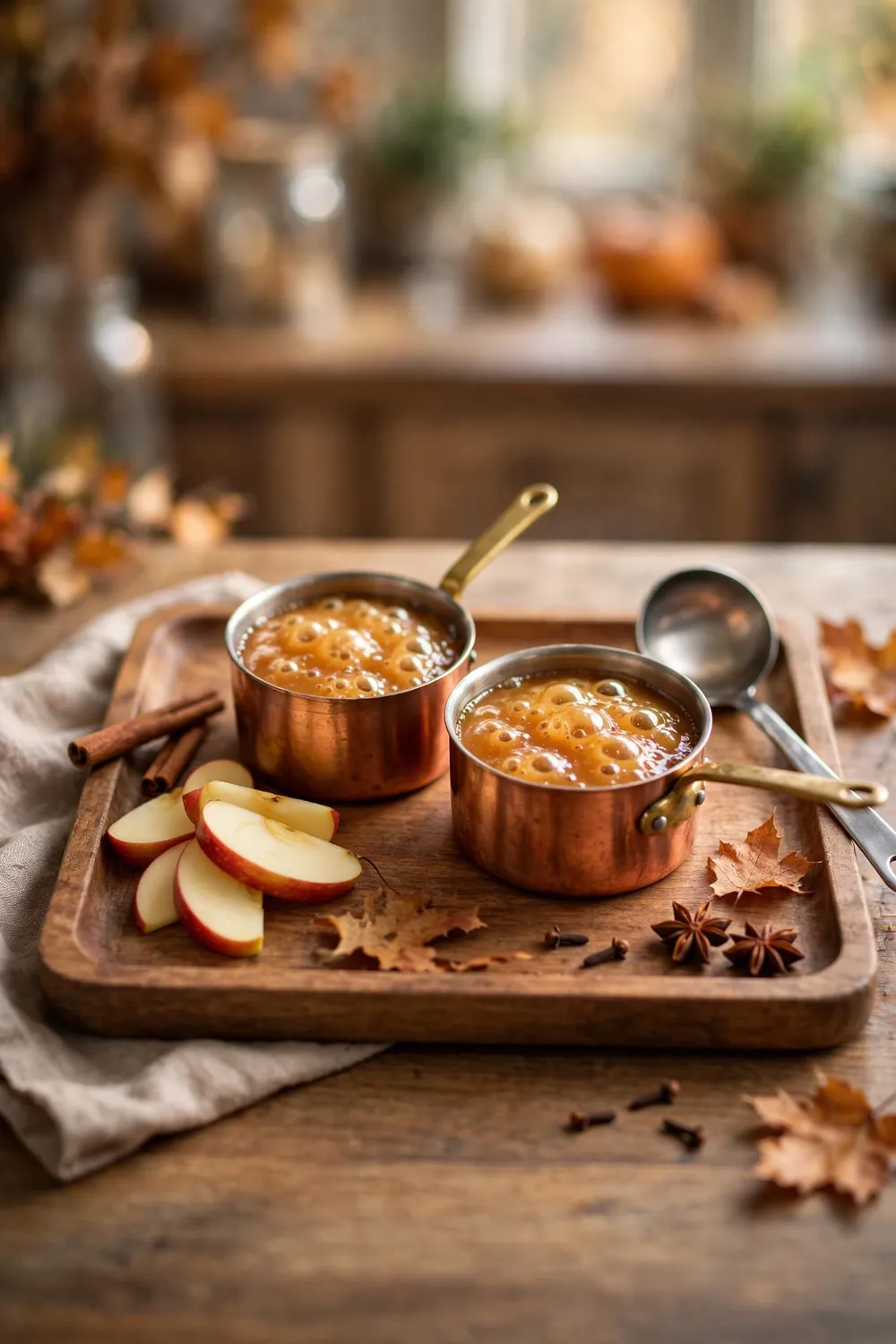 Warm caramel sauce pots with apple slices on a wooden tray