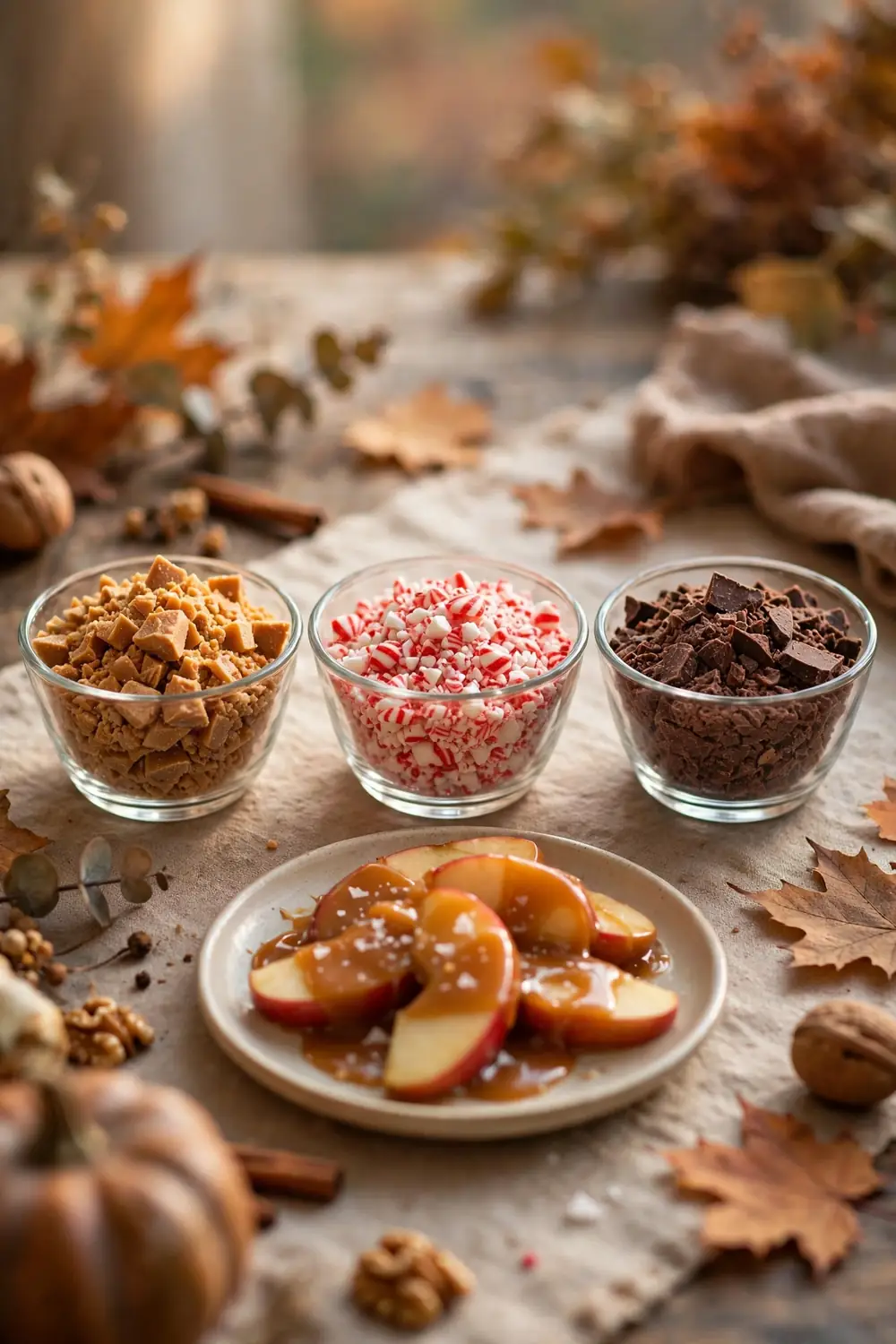 Crushed candy topping bowls with caramel apple slices