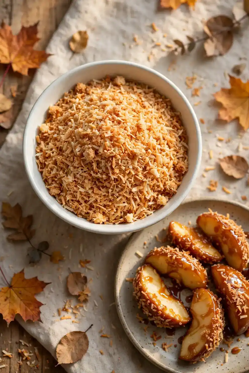 Toasted coconut sprinkle bar with caramel apple wedges