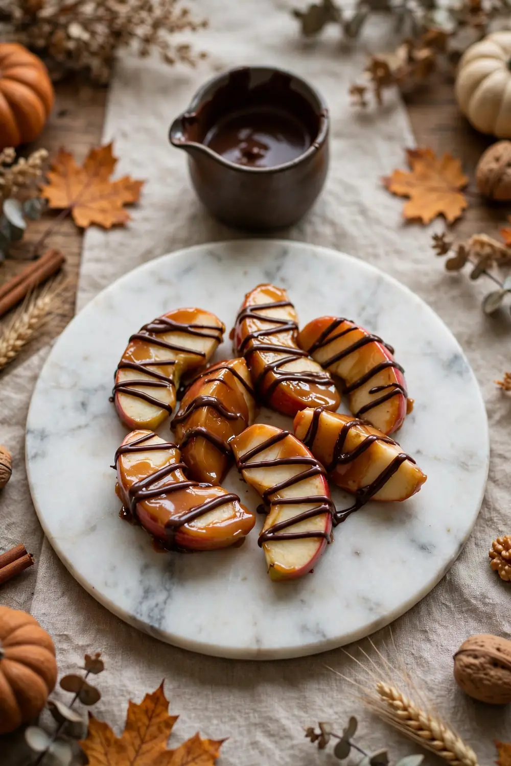 Chocolate drizzle corner with caramel apple slices on a marble plate