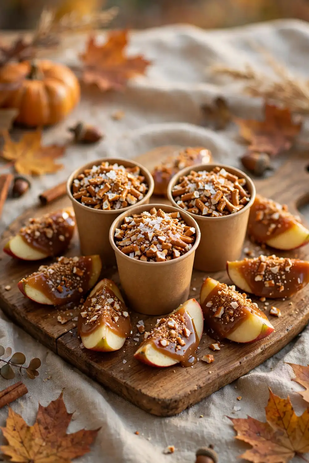 Pretzel salt crunch cups with caramel apple slices on a board