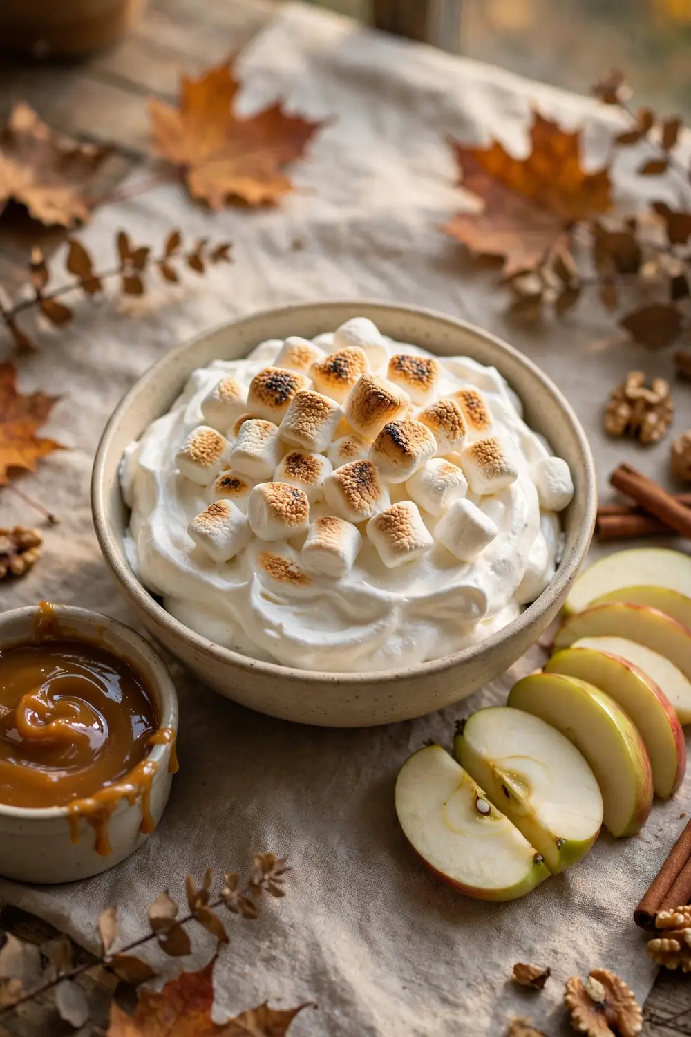 Marshmallow fluff dip bowls with apple slices and caramel sauce