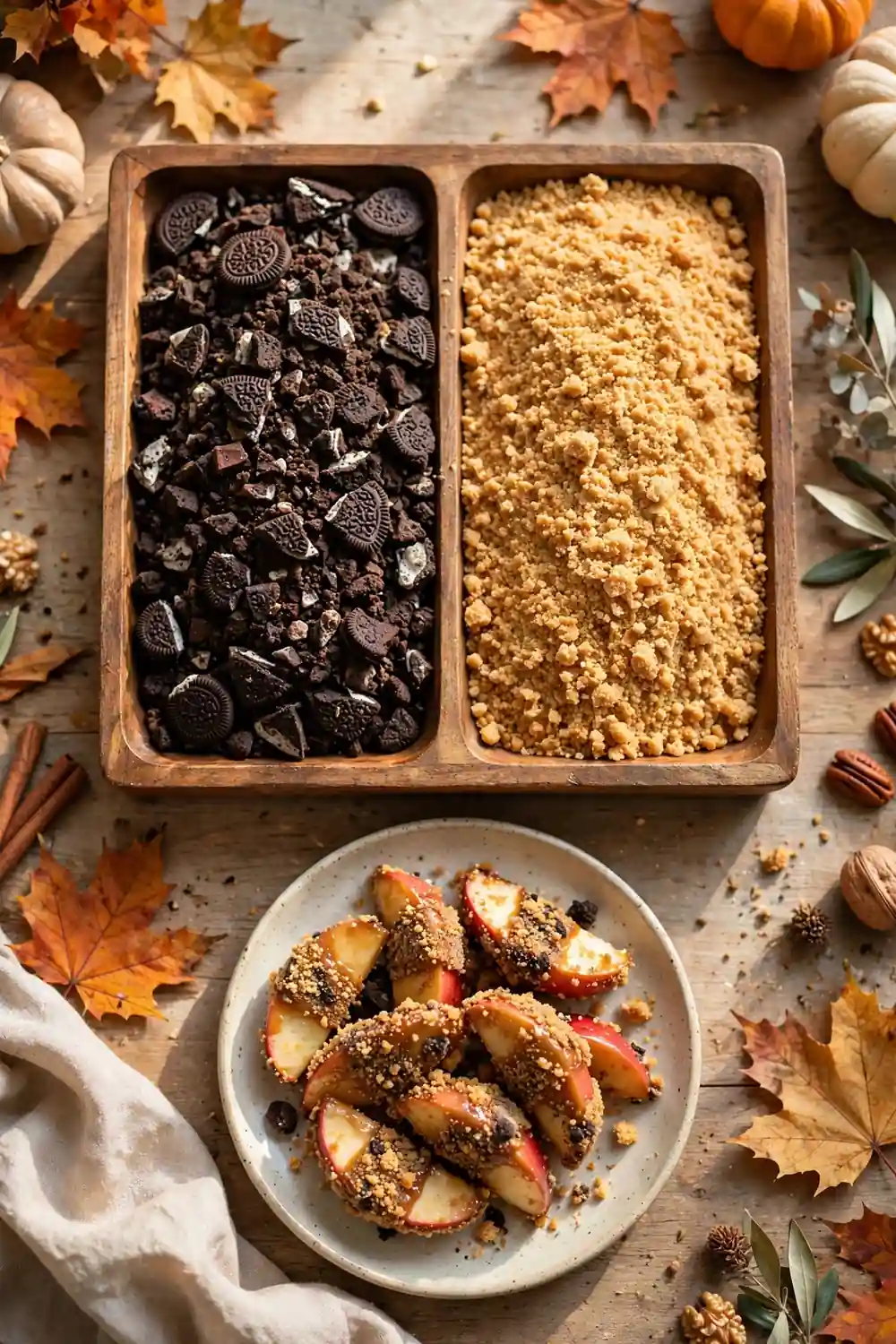 Cookie crumb topping trays with caramel apple slices