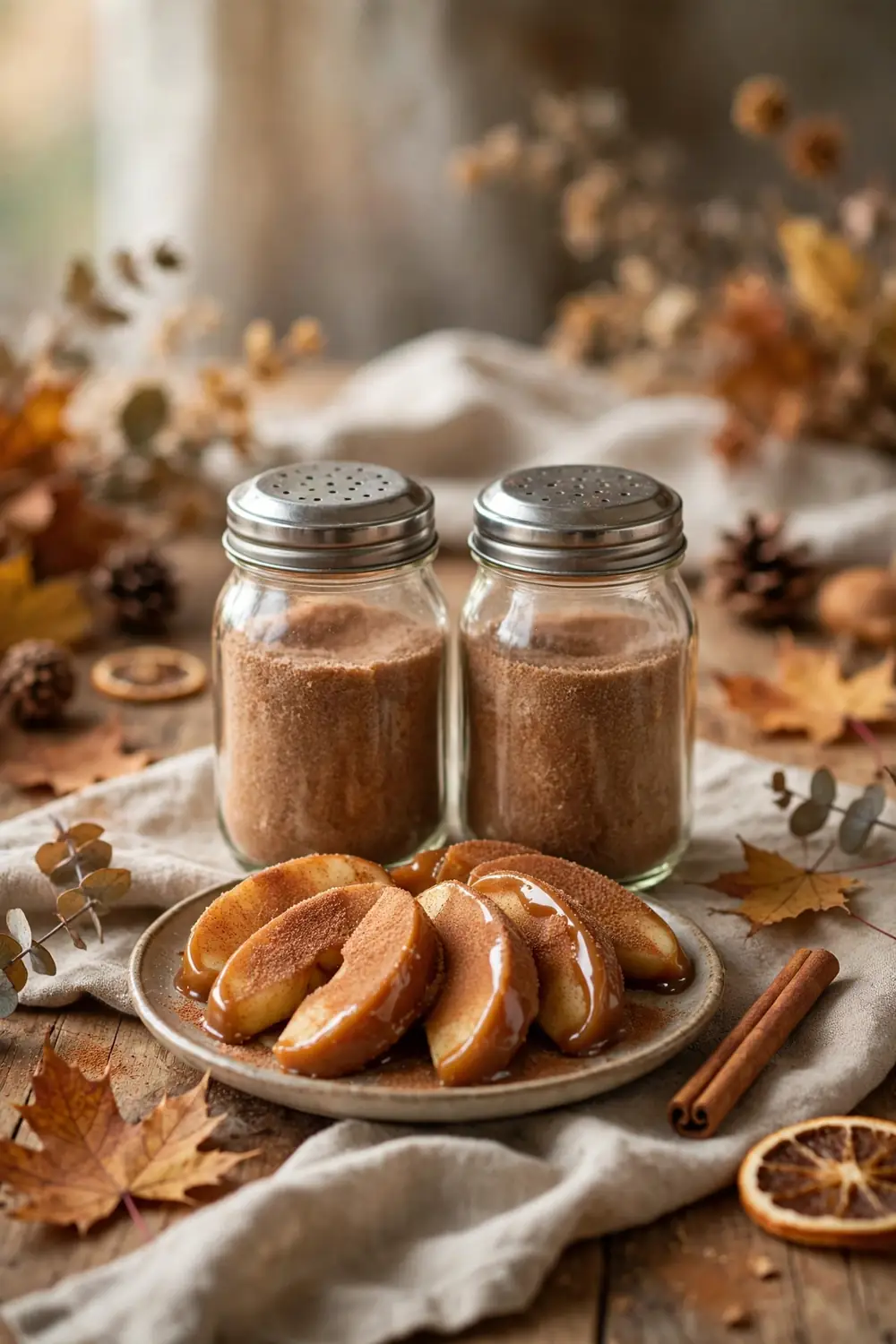Cinnamon sugar dusting jars with caramel apple slices