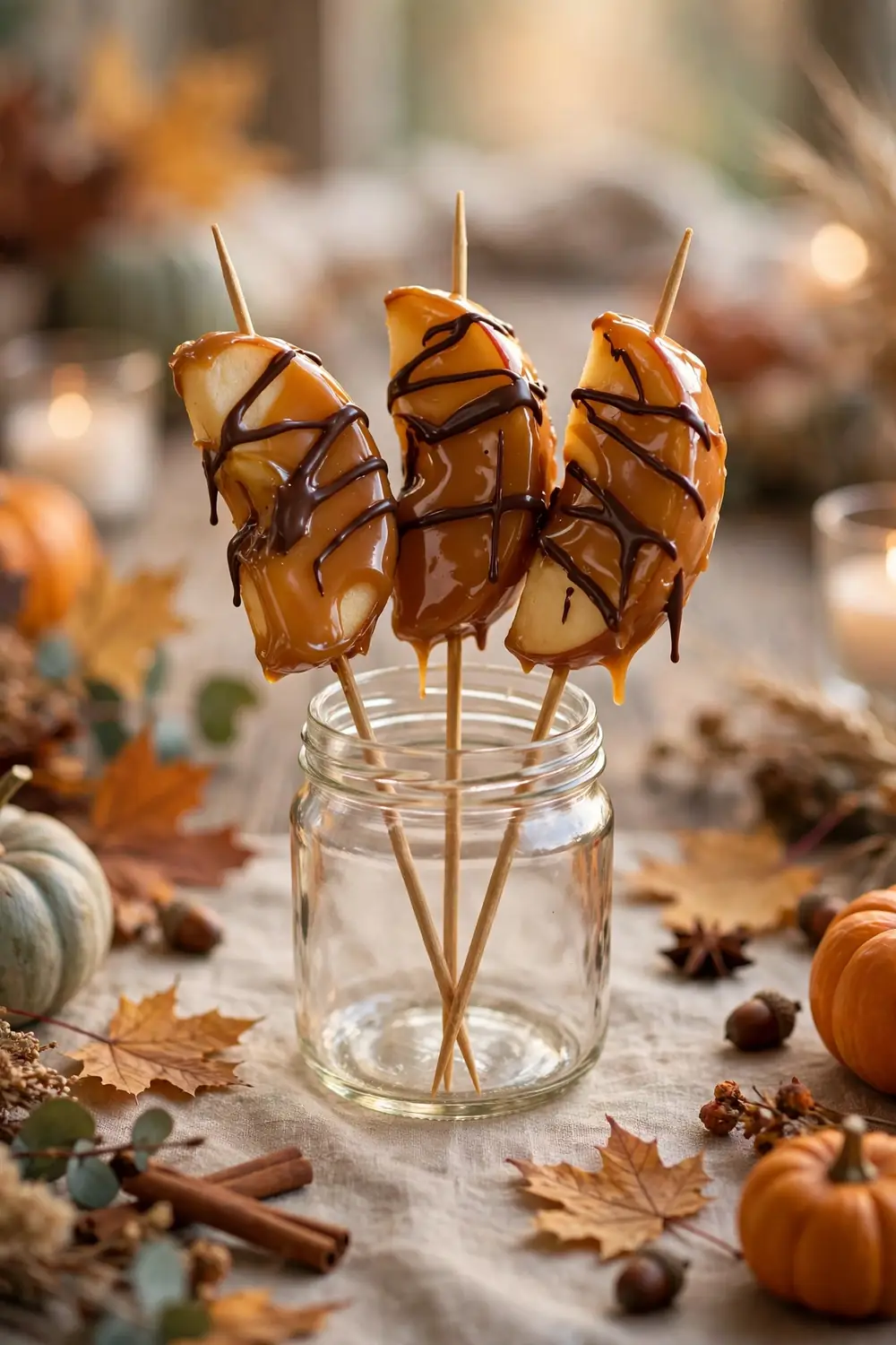 Caramel apple skewers standing in a jar with chocolate drizzle