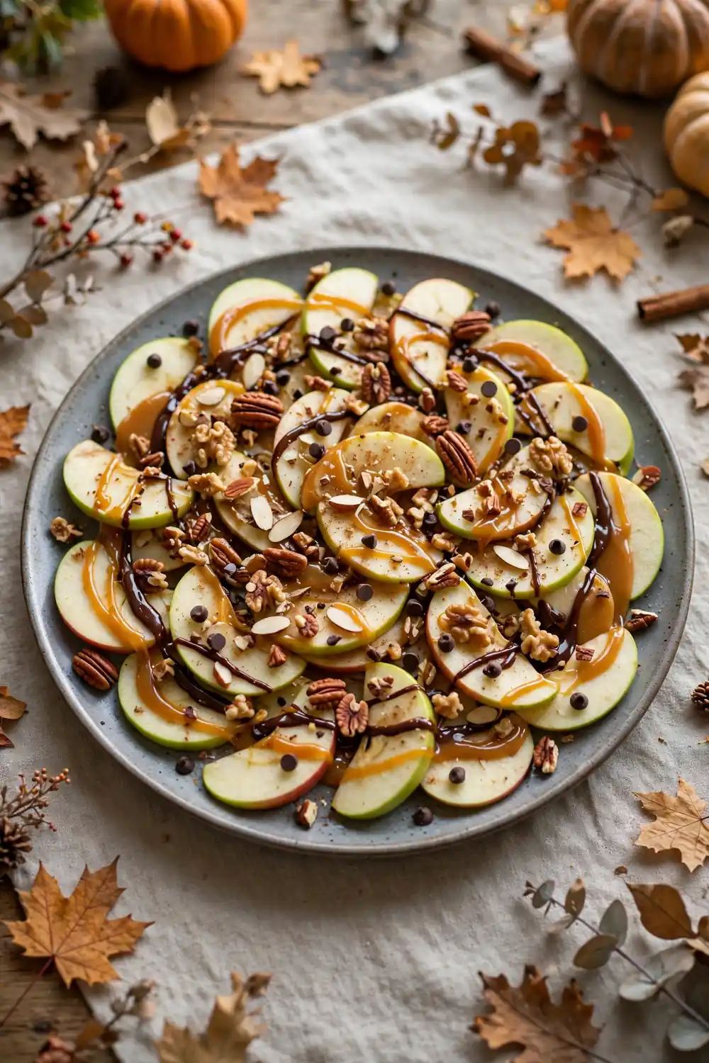 Apple nacho sharing platter with caramel chocolate nuts and mini chips